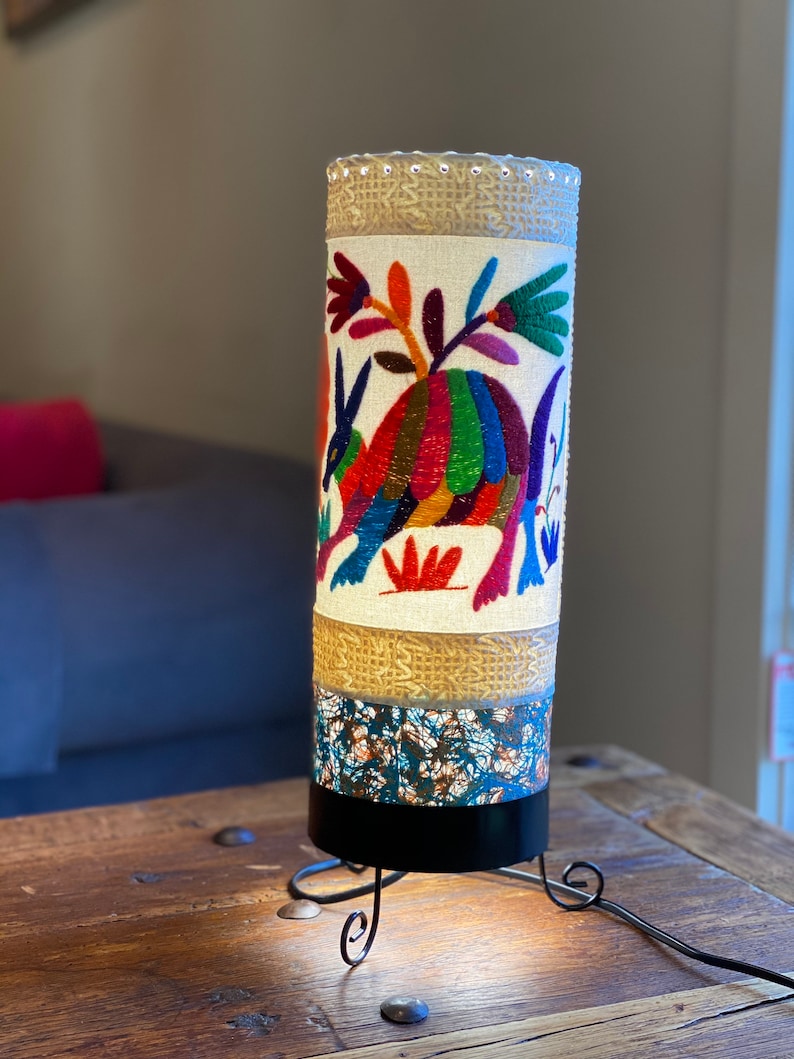 Otomi Embroidery Table Lamp Mexican Lampshade Embroidered lampshade Cylinder shape Tenango Ethnic Lamp Boho Style