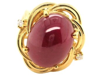 Vintage Natural Ruby Cabochon on 14k Yellow Gold Ring, Second Hand Jewelry, Estate Ring