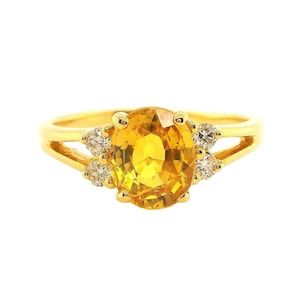 Vintage Natural Yellow Sapphire with Diamonds on 18k Gold Ring, Second Hand, Estate Jewelry