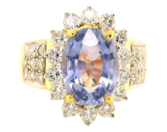 Anel vintage de safira em ouro 18k: halo de diamante azul do Ceilão não aquecido de 3,24 quilates