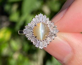 Vintage Style Cat's Eye Chrysoberyl Ring: Diamond Halo, 18k White Gold
