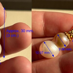 May include: A gold pendant with a double pearl drop. The pearls are white and iridescent. The pendant is approximately 30 mm (1.2 inches) long. The pearls are 12.07 mm, 9.56 mm, and 10.74 mm in diameter.