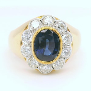 Anillo vintage de oro de 18 quilates con zafiro azul y diamantes, talla 10