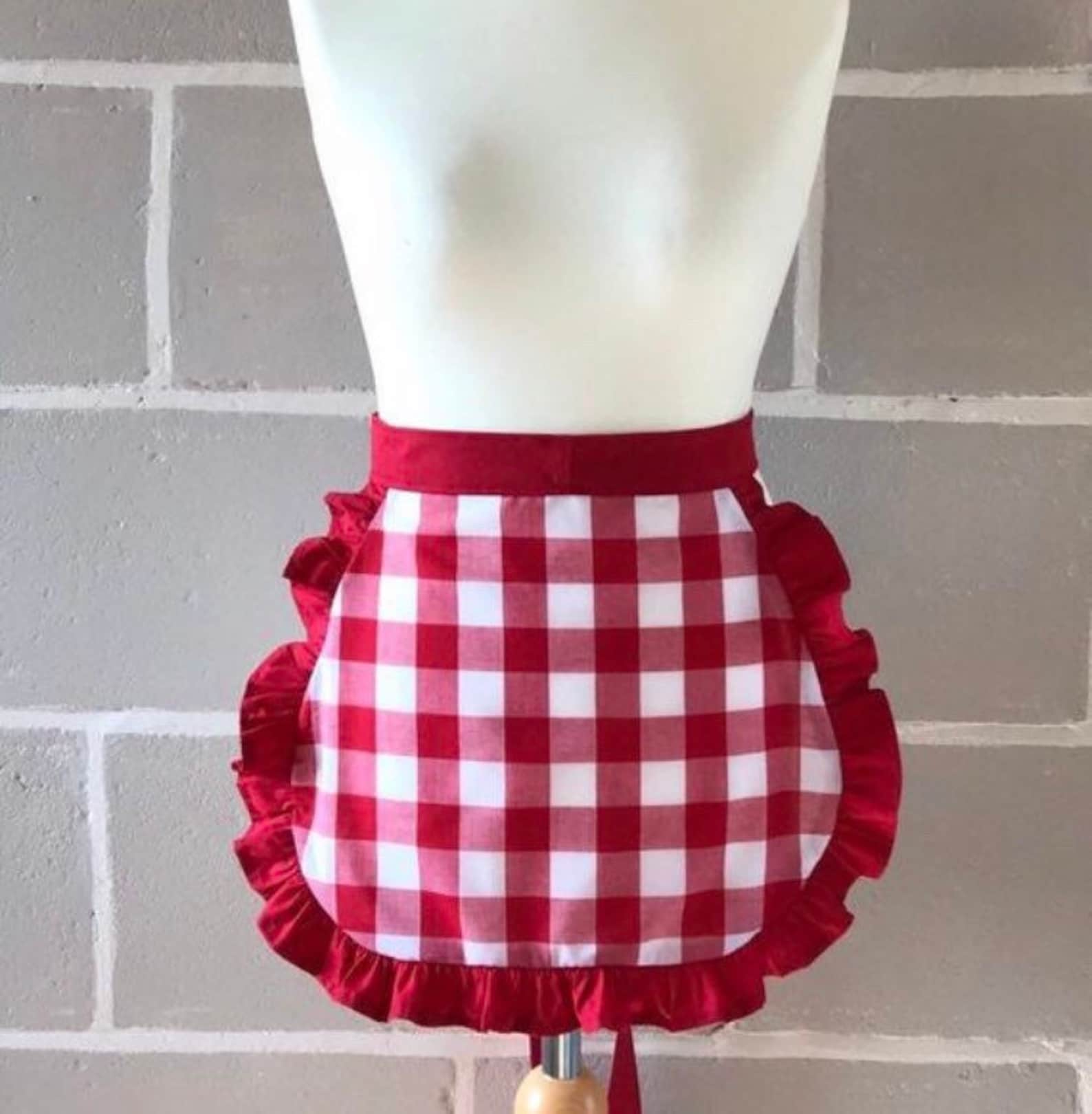 Red & White Gingham Check Half Apron Vintage Style Waist Etsy