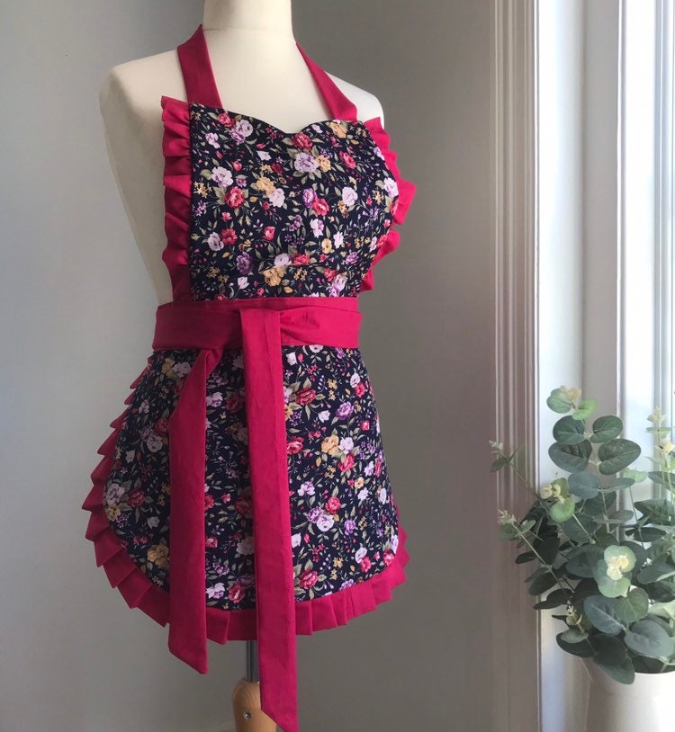 Pink Floral Apron Vintage Retro Frilly Apron 50s Style Etsy