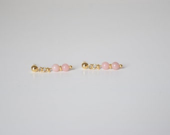 Gold earrings with pink opal gemstones. With hoop or as a stud earring.