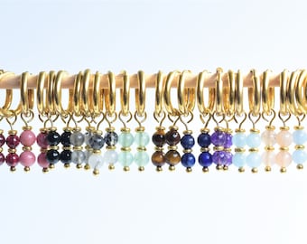 Stainless steel/gold earrings with gemstone pendants. Handmade gemstone earrings, including rose quartz, moss agate, amethyst, and aventurine.