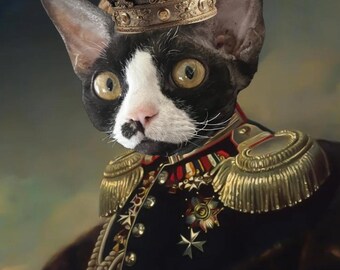 Op de afbeelding: Een zwart-witte kat die een gouden kroon en een zwart militair uniform met gouden accenten draagt. De kat kijkt rechtstreeks naar de kijker.