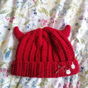 May include: Red crocheted beanie with horns and two pins. One pin is a white cat with a cross and the other is a middle finger.