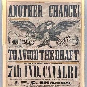 Puede incluir: Un cartel vintage que anuncia el 7º Regimiento de Caballería de Indiana, ofreciendo una recompensa de $400 para evitar el servicio militar. El cartel presenta un águila con las alas extendidas y el texto "Another Chance!" y "To Avoid the Draft".