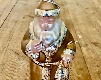 Vintage, Oversized, Glass, Hand painted, Mercury Glass,  Old World Santa Ornament; Department 56; Gold outfit
