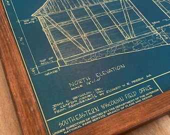 Vintage, c.1962, Survey, Blueprints, set-of-2, Historic Structures, Framed Art, Kenzi Barn, Wisconsin, Johnson's Mill, Bridge, Lancaster