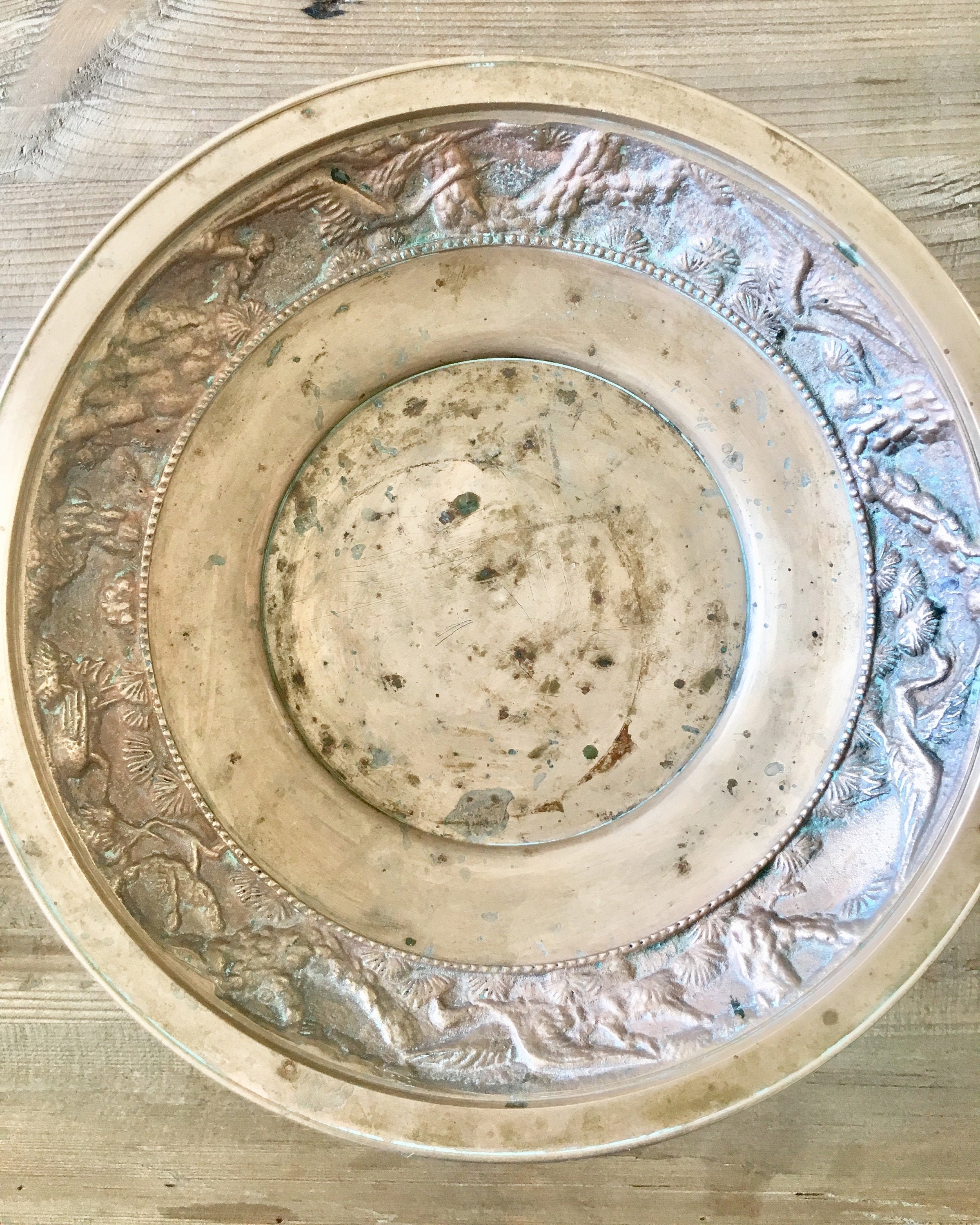 Vintage Art Deco Brass Serving Dish Centerpiece with Embossed Egret Design Classic 1920s style Tabletop Bowl