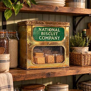 May include: A rectangular, weathered brass-colored metal storage tin featuring a green rectangular label with the text "NATIONAL BISCUIT COMPANY" in white, and a clear glass viewing window displaying square biscuits inside.