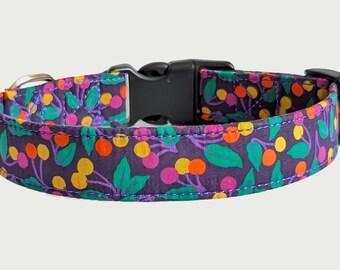 Liberty Cherry Drop Dog Collar in Fruity Green, Purple, and Yellow. Available in 6 Sizes, Adjustable,  Dog Gift