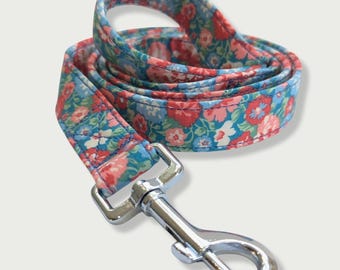 Liberty Buckingham Blooms Dog Lead - Floral  Cotton in Reds and Blues, Strong Webbing, Quality Trigger Snap