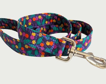 Liberty Cherry Drop Dog Lead in Fruity Green, Purple, and Yellow., Quality Trigger Snap,  Matching Collar available