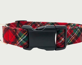 Handmade Tartan Red Dog Collar,  Adjustable Dog Collar,  Classic Checked / Plaid ,  Dog Gift , Puppy Collar, Strong Webbing & Strong Buckles