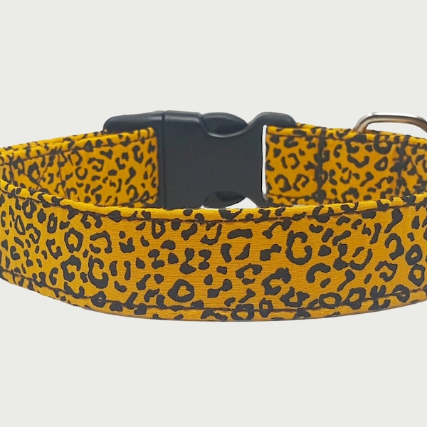 Animal Print Dog Collar I Gold Yellow Tiny Leopard Print | Adjustable Dog Collar | Cotton Fabric, Strong Webbing & Strong Buckles