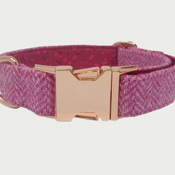 Pink Herringbone Tweed Dog Collar - Rose Gold Metal Buckle - Handmade - British Tweed