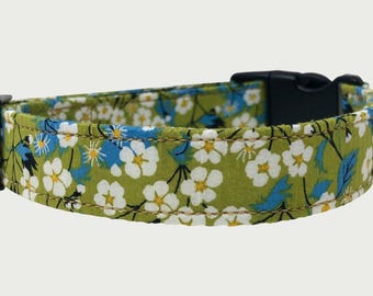 Liberty Mitsi Floral Dog Collar in Green, White and Blue – Adjustable, Strong & Washable