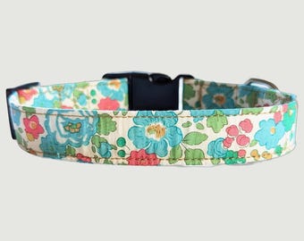 Liberty Dog Collar - Betsy Tana Lawn Cotton Green | Floral Dog Collar | Blue, Green Yellow and Pink | Strong Buckle |  Dog Gift