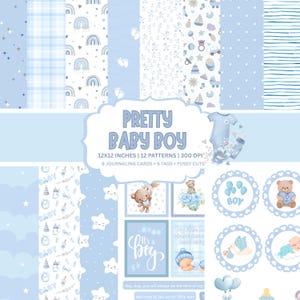 May include: Digital papers and embellishments in blue tones, featuring baby-themed designs. Patterns include stars, rainbows, and baby illustrations. The text "PRETTY BABY BOY" is displayed, along with other text, ideal for baby-related crafts.