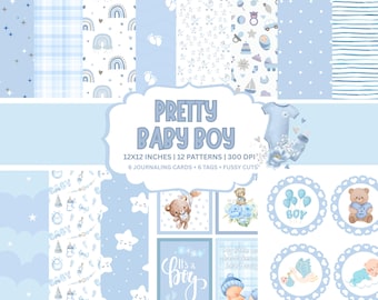 Baby Boy Digital Papers: Pastel Blue Scrapbook Kit Instant  Download