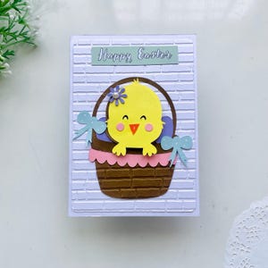 Carte de poussin de Pâques, carte de voeux de Pâques, carte de panier de Pâques, carte de Joyeuses Pâques, carte de Pâques, carte de Pâques en relief, carte de Pâques faite main