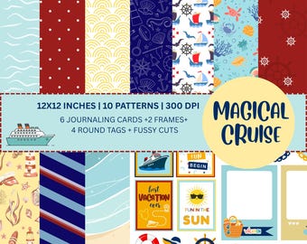 Magical Cruise Digital Paper Pack: Nautical Scrapbook Papers 12x12 ,Journaling Cards & Tags