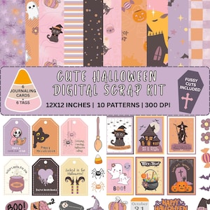 Cute Halloween Scrapbook Digital Papers,Digital Scrapbooking Kit,12x12 Pages, Journalling Cards Pack,Funny Halloween Tags,Spooky Fussy Cuts