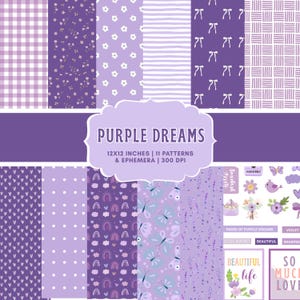 Könnte beinhalten: Eine digitale Papiersammlung mit dem Titel Purple Dreams, die 11 Muster und Ephemera in Lila- und Weißtönen enthält. Die Designs umfassen Vichy-Karos, Blumen, Punkte, Streifen, Schleifen, Herzen, Regenbögen, Schmetterlinge und Etiketten in 30,48x30,48 cm.