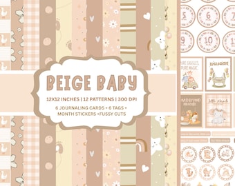 Beige Baby Paper Pack : Neutral Scrapbooking Kit Instant Download with Baby Milestone Stickers
