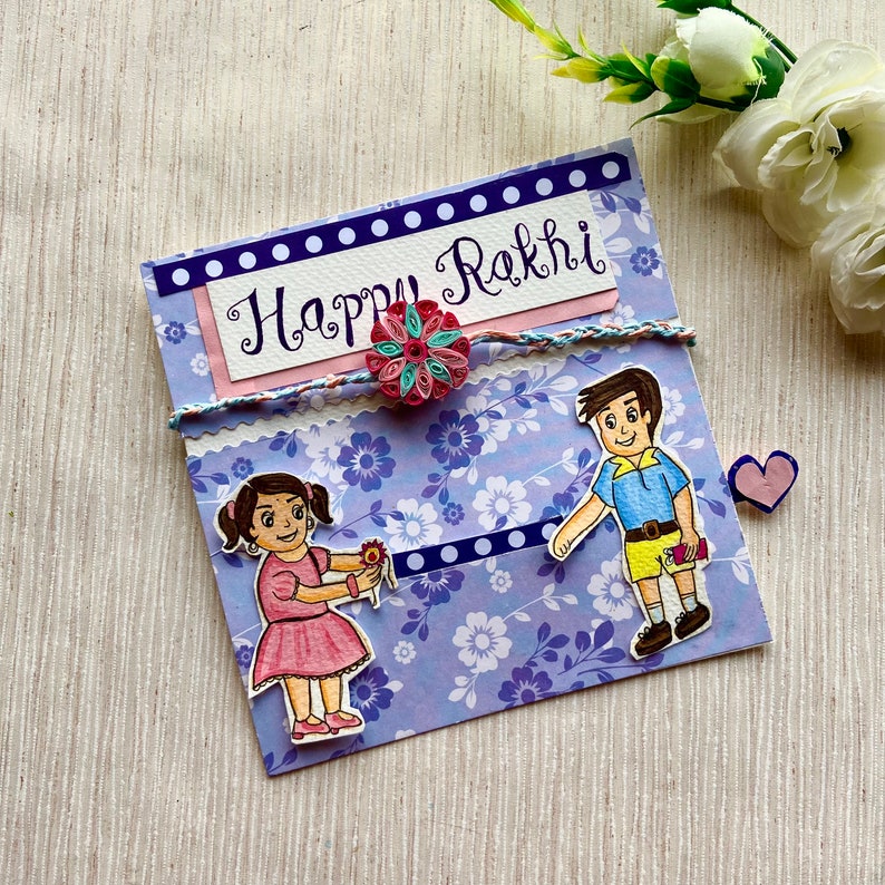 Handmade Rakhi with Rakhi Card , Card for Brother,Gift for brother, Greeting Card for Sister, Unique Slider Card with Envelope image 1