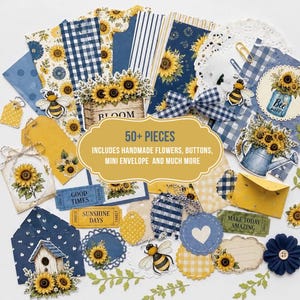 May include: A collection of over 50 paper craft pieces featuring sunflower motifs, blue and white gingham patterns, and bee illustrations. The set includes die-cut tags, envelopes, tickets with text, paper flowers, and buttons in yellow and blue.