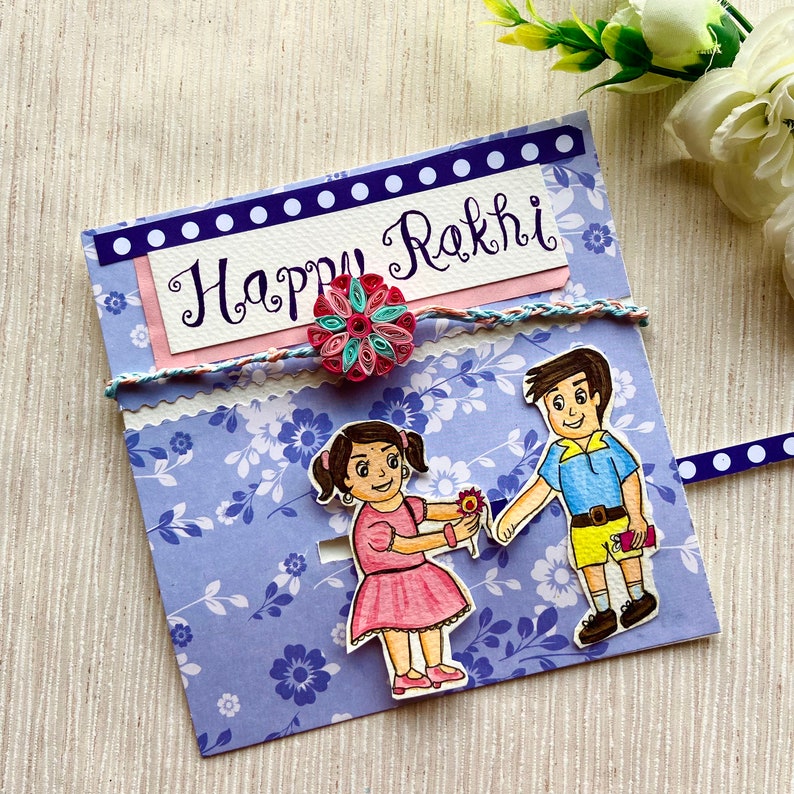 Handmade Rakhi with Rakhi Card , Card for Brother,Gift for brother, Greeting Card for Sister, Unique Slider Card with Envelope image 2