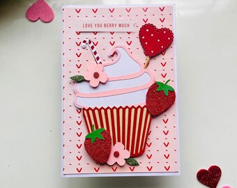 Handgemaakte cupcake-valentijnskaart: Love You Berry Much Food Woordspeling