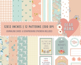 Mothers Day Scrapbook Digital Papers: Soft Pastel 12x12 Papers, Cards & Ephemera
