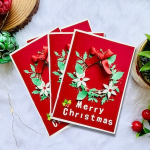 Christmas Wreath Card Set, Handmade Merry Christmas Cards, Seasons Greetings, Holiday Card with Envelope