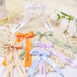 Personalized Wine Glass Tie On Bow, Custom Wedding Champagne Glass Bow, Personalized Satin Bow Name Tags, Drink Name Tags Name Place Cards