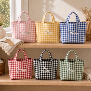 Sac fourre-tout personnalisé en vichy, sac personnalisé brodé avec prénom, mini fourre-tout à carreaux, cadeau de demoiselle d'honneur, cadeau d'anniversaire pour elle, sac marché aux fleurs