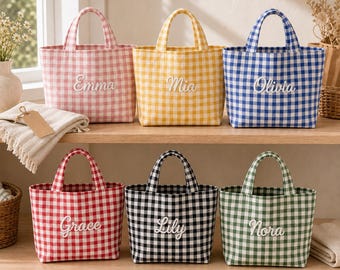 Personalized Gingham Tote Bag, Custom Embroidered Name Bag, Checkered Mini Tote, Bridesmaid Gift, Birthday Gift for Her, Flower Market Bag