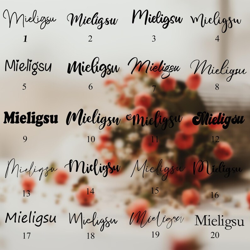 May include: A close-up of a white surface with the word "Mieligsu" written in black cursive script 20 times, numbered 1 through 20. The background is a blurry image of pink flowers.