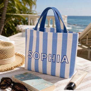 Personalized Striped Tote Bag, Custom Name Beach Bag, Bridesmaid Gift Tote, Kids Canvas Bag, Birthday Gift for Girls, Flower Girl Bag image 3