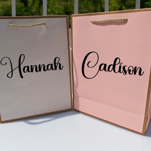 May include: Two gift bags with gold handles and gold trim. The bag on the left is white with the name "Hannah" written in black cursive. The bag on the right is pink with the name "Cadison" written in black cursive.