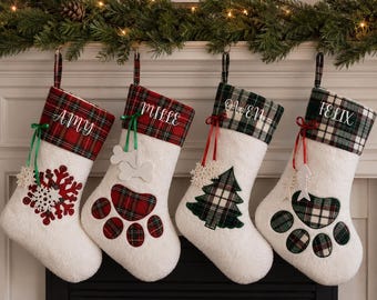 Personalized Plaid Christmas Stocking, Embroidered Name Stocking for Family, Kids and Pets
