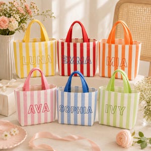 Personalized Striped Tote Bag, Custom Name Beach Bag, Bridesmaid Gift Tote, Kids Canvas Bag, Birthday Gift for Girls, Flower Girl Bag image 1
