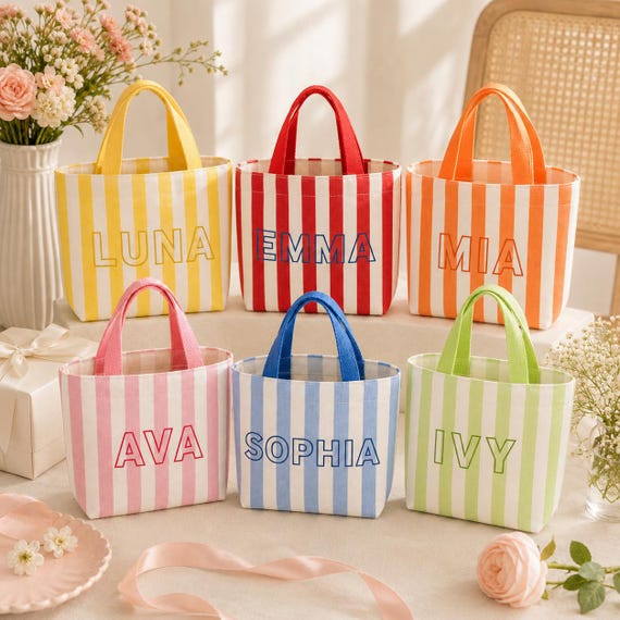 Personalized Striped Tote Bag, Custom Name Beach Bag, Bridesmaid Gift Tote, Kids Canvas Bag, Birthday Gift for Girls, Flower Girl Bag