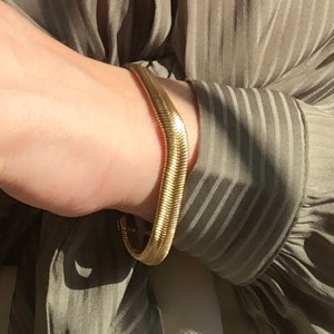 Può includere: Un braccialetto a catena di serpente dorato. Il braccialetto è realizzato con una serie di maglie intrecciate che creano un design liscio e fluido.