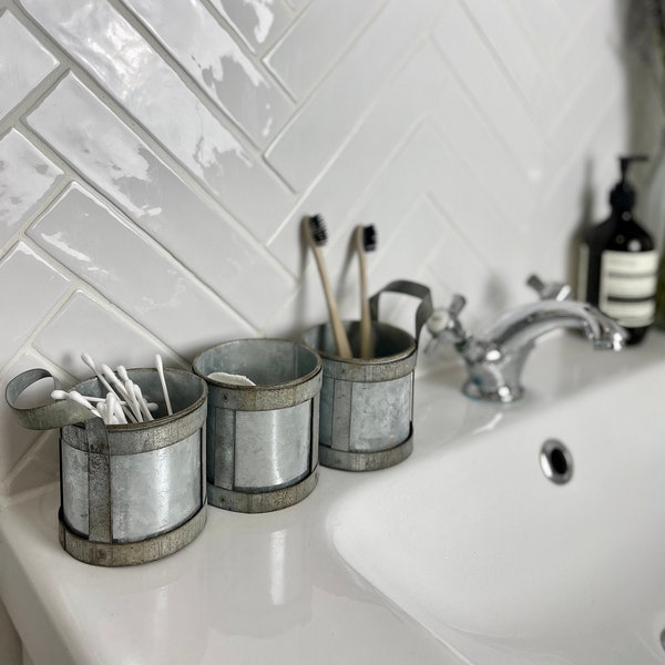 Trio de pots industriels | Conteneur de stockage en zinc | Jardinière rustique | Rangement pour salle de bain et cuisine